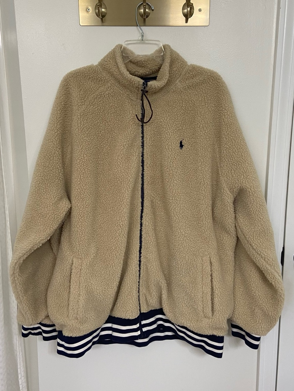 Polo Ralph Lauren Sherpa Fleece Jacket XXL Cream Navy Striped Full Zip Teddy